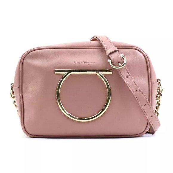 Auth Salvatore Ferragamo Gancini Shoulder Bag Pink Leather/Goldtone - Picture 1 of 16